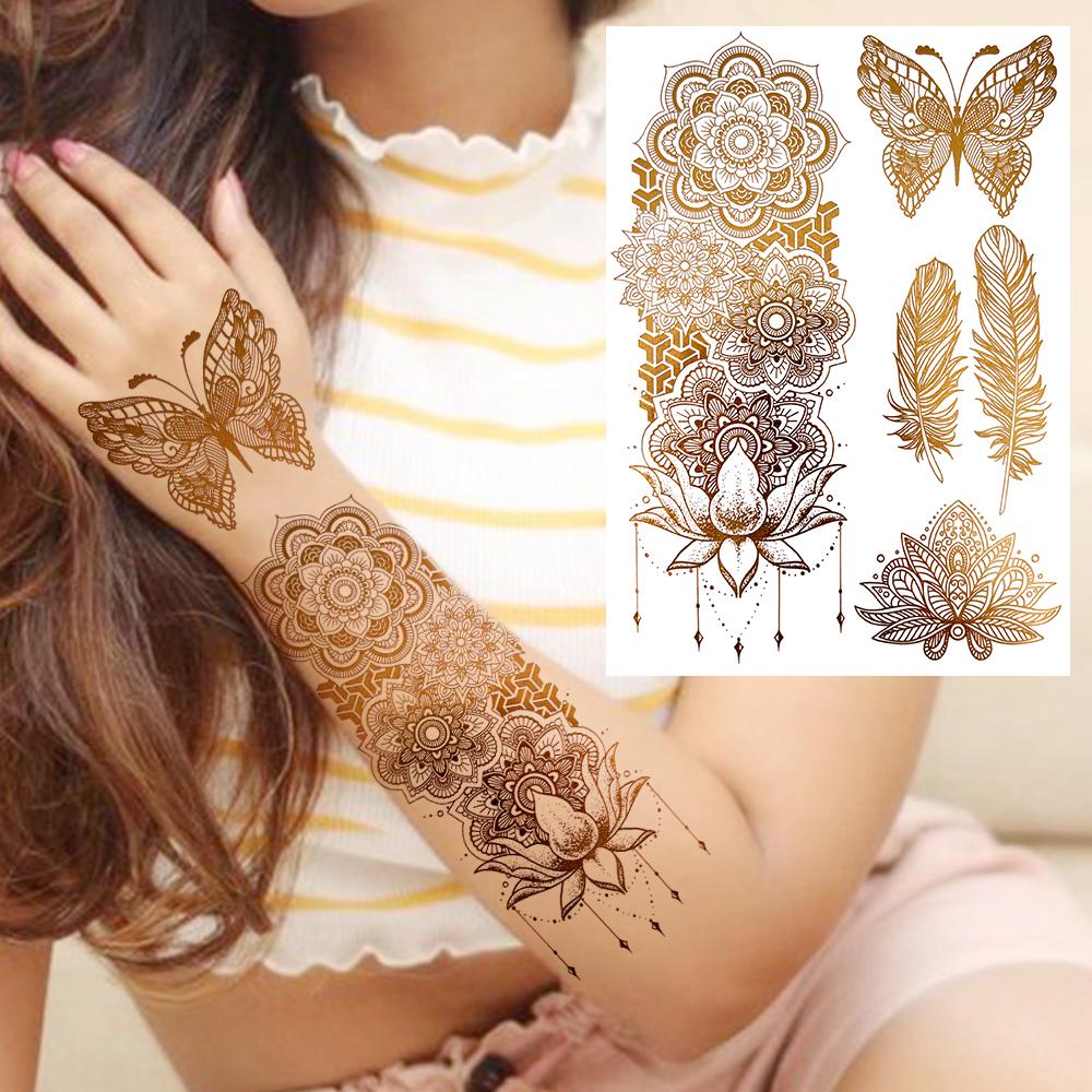 Golden Turtle Anchor Temporary Tattoo For Women Adult Realistic Compass Flower Fake Tattoo Sticker Washable Body Art Tatoo Decal