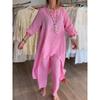 Summer Solid-colour Sophisticated-style Casual Cotton-linen Set for Women with Three-quarter Sleeves and Cropped Trousers