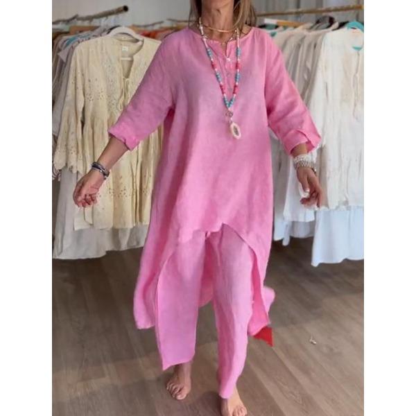 Summer Solid-colour Sophisticated-style Casual Cotton-linen Set for Women with Three-quarter Sleeves and Cropped Trousers