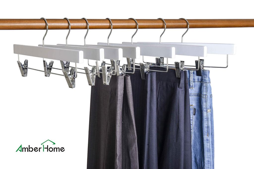 Amber Home Wooden Trouser and Skirt Set of Pants Bottoms Slacks Prevents Shape Strong Wrinkle Rotating Closet Storage Space White Hangers, 10,