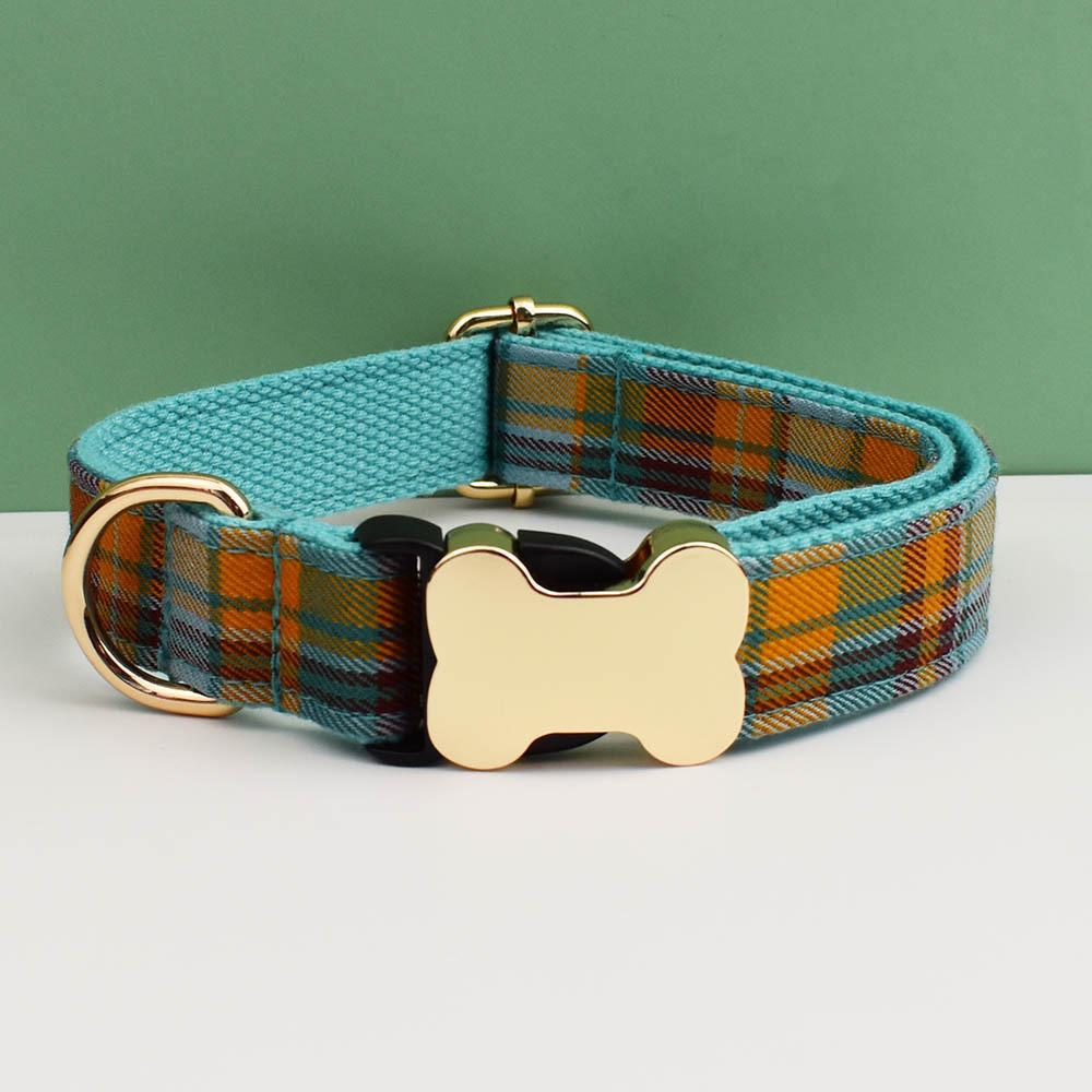 Pet Dog Collar With Grid Print Design And Bone Decor For Gift And Holiday Green,S