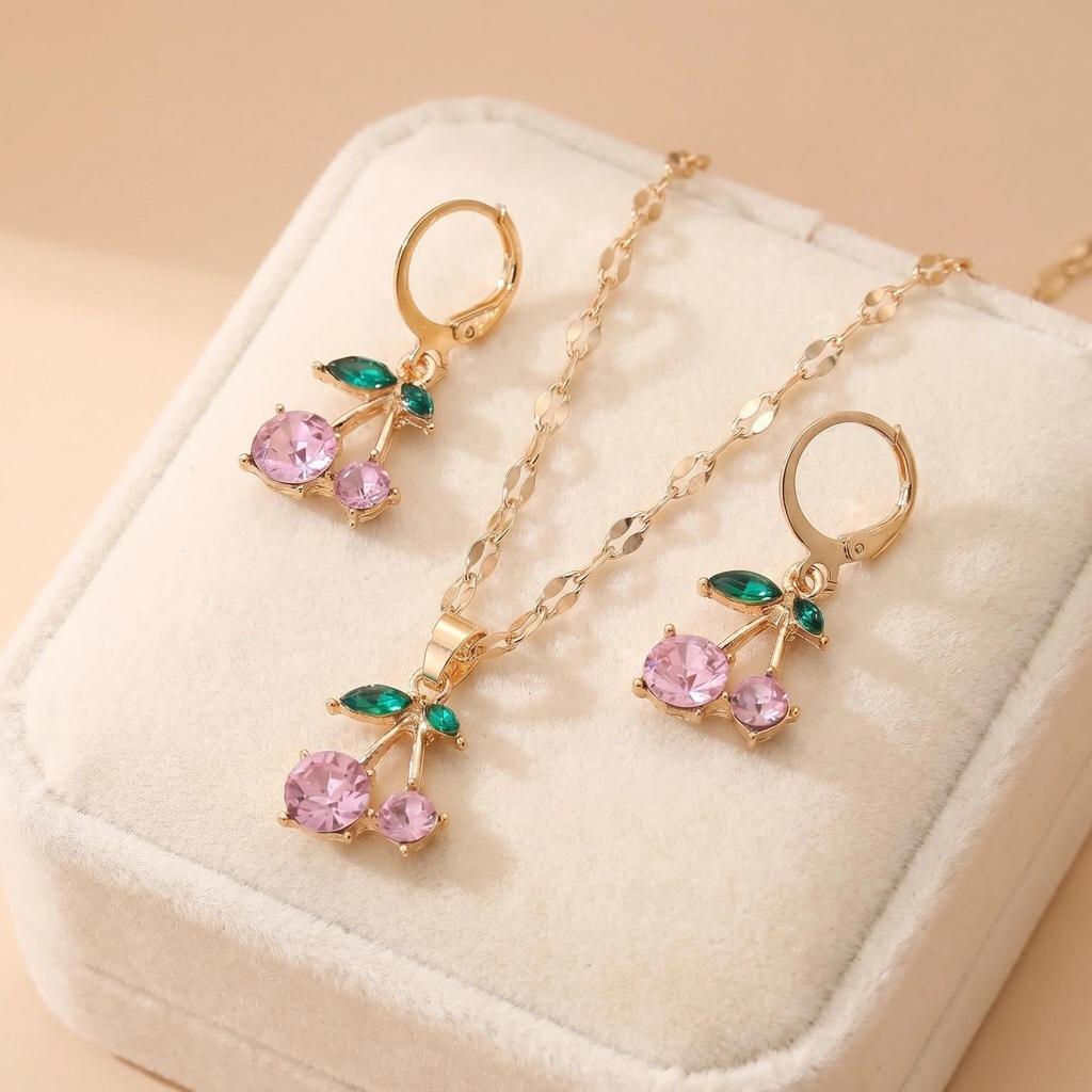 Sweet Cherry Necklace And Earring Set For Women Cute Fruit Jewelry Summer Accessories