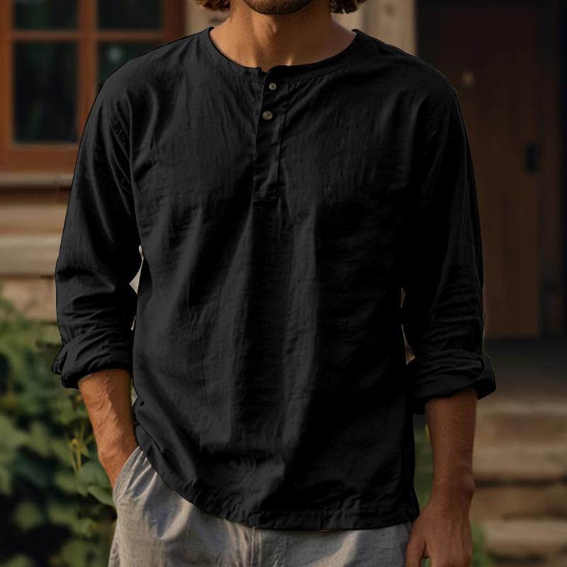 Pánská přeshraniční nová bavlněná a lněná jednobarevná košile s dlouhým rukávem tričko kulatý výstřih cross-clothing knoflíky dva knoflíky len