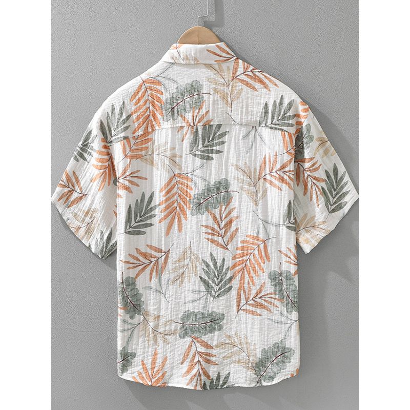 Summer Sun Protection Ice Silk Linen Short-Sleeved Shirt Men's Casual Hawaiian Print Cotton and Linen Shirt Quick-Drying and Lightweight