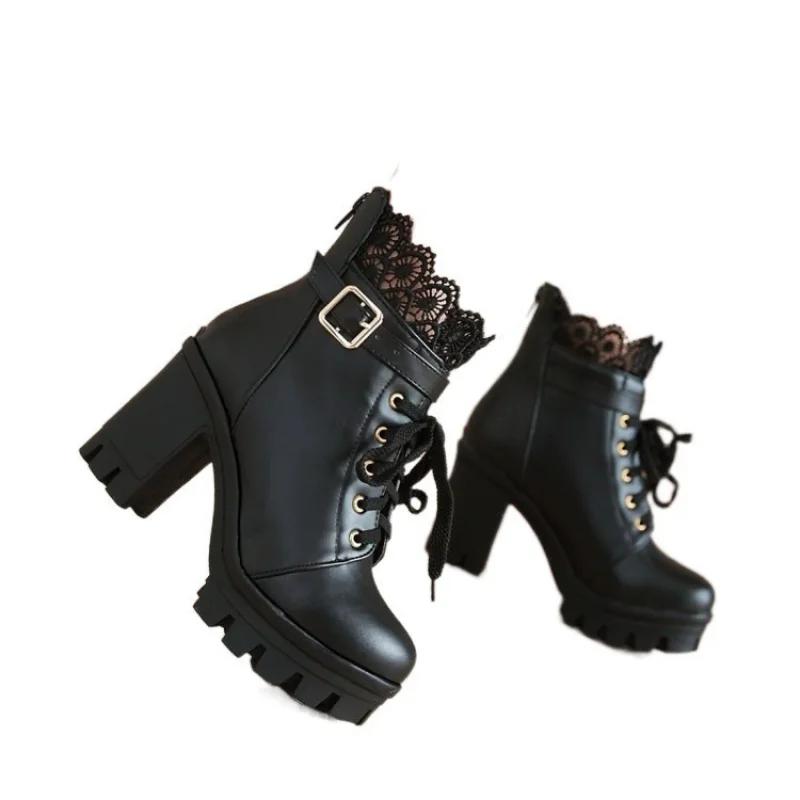 High Quality Women's Lace Block Platform Short Boots Fashion Outdoor  Lace Up Women's Comfy High Heels Ankle Boots Botas Mujer