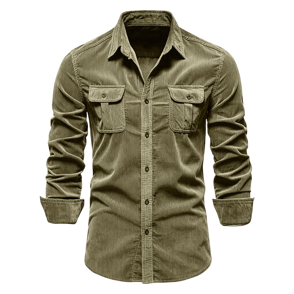 Men's Corduroy Shirt Slim Fit Long Sleeve Button Down Casual Business Shirt Two Chest Pockets Classic Collar Soft Fabric