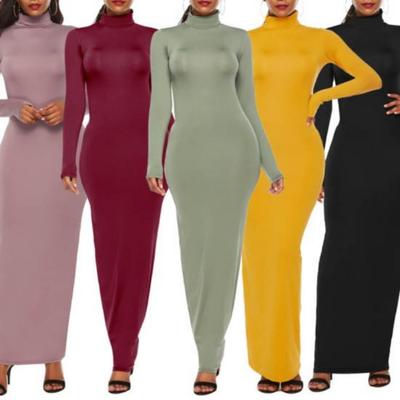 Stretchy Bodycon Long Dress Solid Color Turtle Neck Casual Womens Long Sleeve