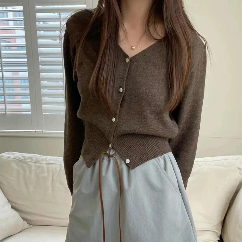 Korean V Neck Cropped Knit Cardigan Women Coat Spring Autumn Solid Color Elegant Slimming Top