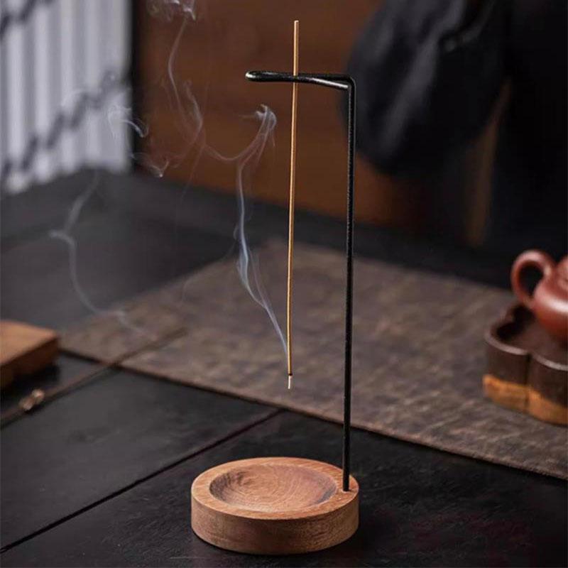 Upside Down Incense Stick Holder with Ash Catcher Bowl, Wooden and Metal Hanging Incense Burner, Clean Ash Collecting Design