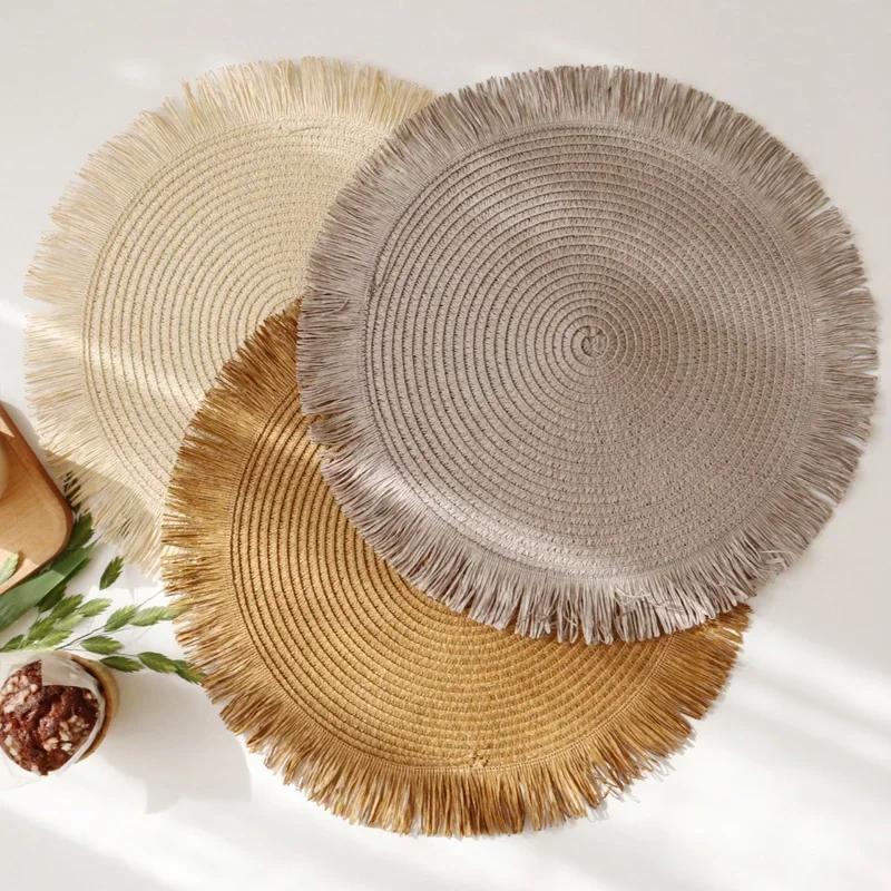 38cm Round Braided Placemat Fringe Paper Table Mat Hand Woven Non-slip Insulation Place Mat Tea Cup Pad Dining Table Decoration