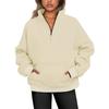 2026 Women's Stand Collar Fleece Hoodie with Pockets, Autumn-Winter Casual Loose Fit, Solid Color Ribbed Top.
