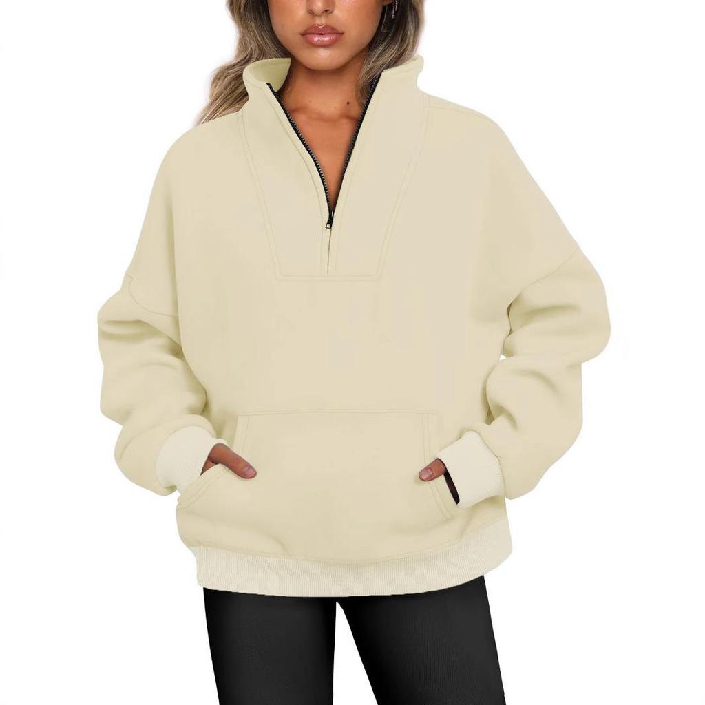 2026 Women's Stand Collar Fleece Hoodie with Pockets, Autumn-Winter Casual Loose Fit, Solid Color Ribbed Top.