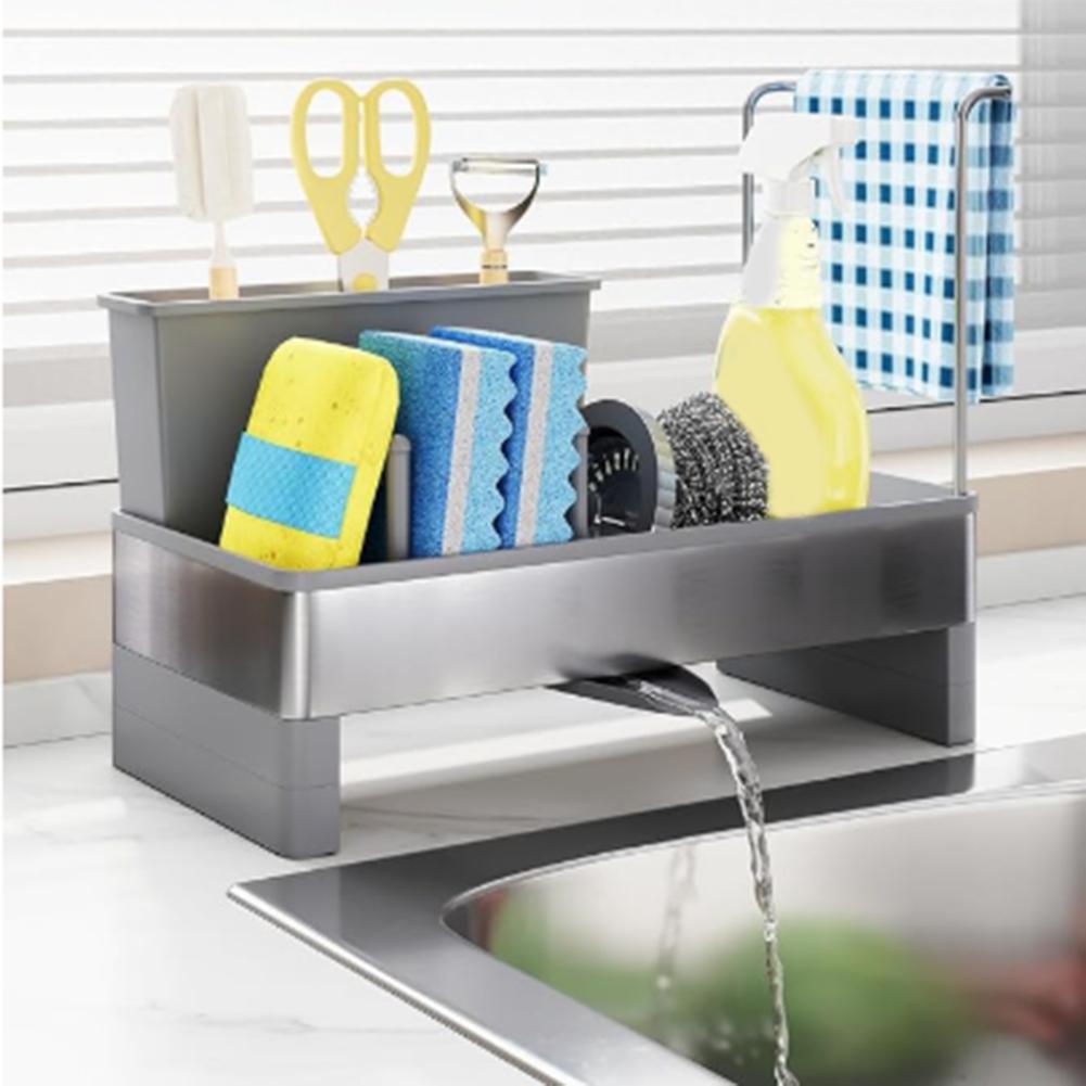 15x8x26cm Sink Organizer Stainless Steel Sponge Holder Drain Rack Kitchen Counter Storage Tray Black Gray White Tool Kit