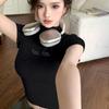 Style Rhinestone Elastic Short-Sleeve T-Shirt for Women, Half-High Collar, Slim Fit, Sweet and Spicy Style, Regular Shoulder, Slimming Short Top