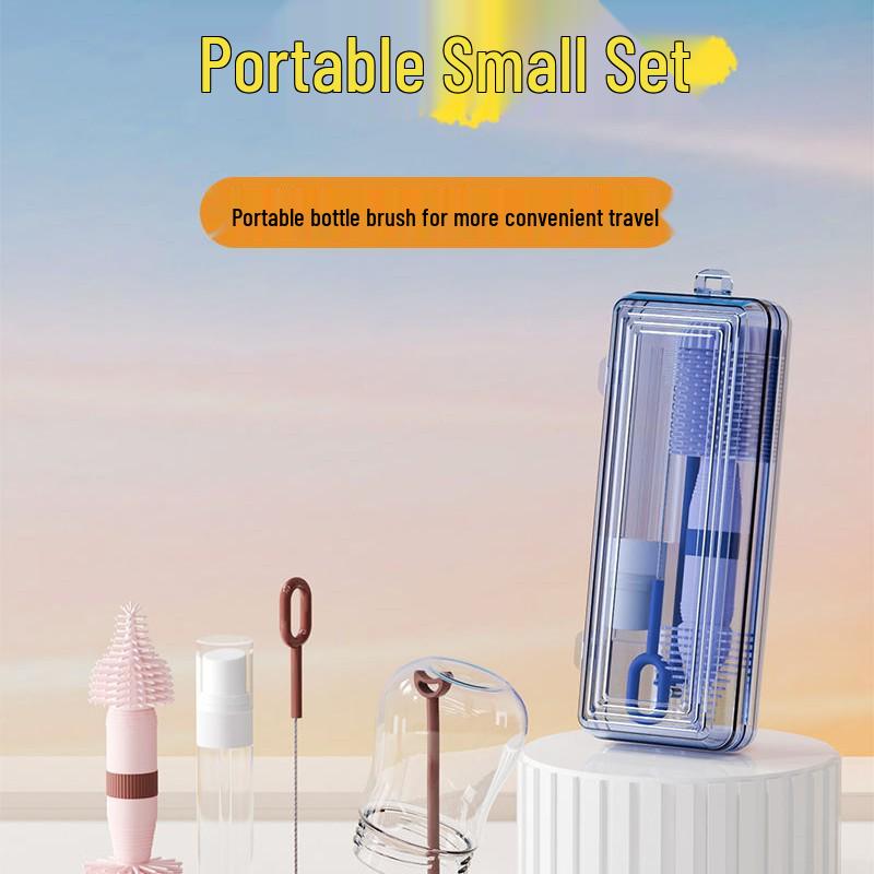 Portable Baby Bottle & Nipple Brush Set with Storage Box and Draining Rack for Travel