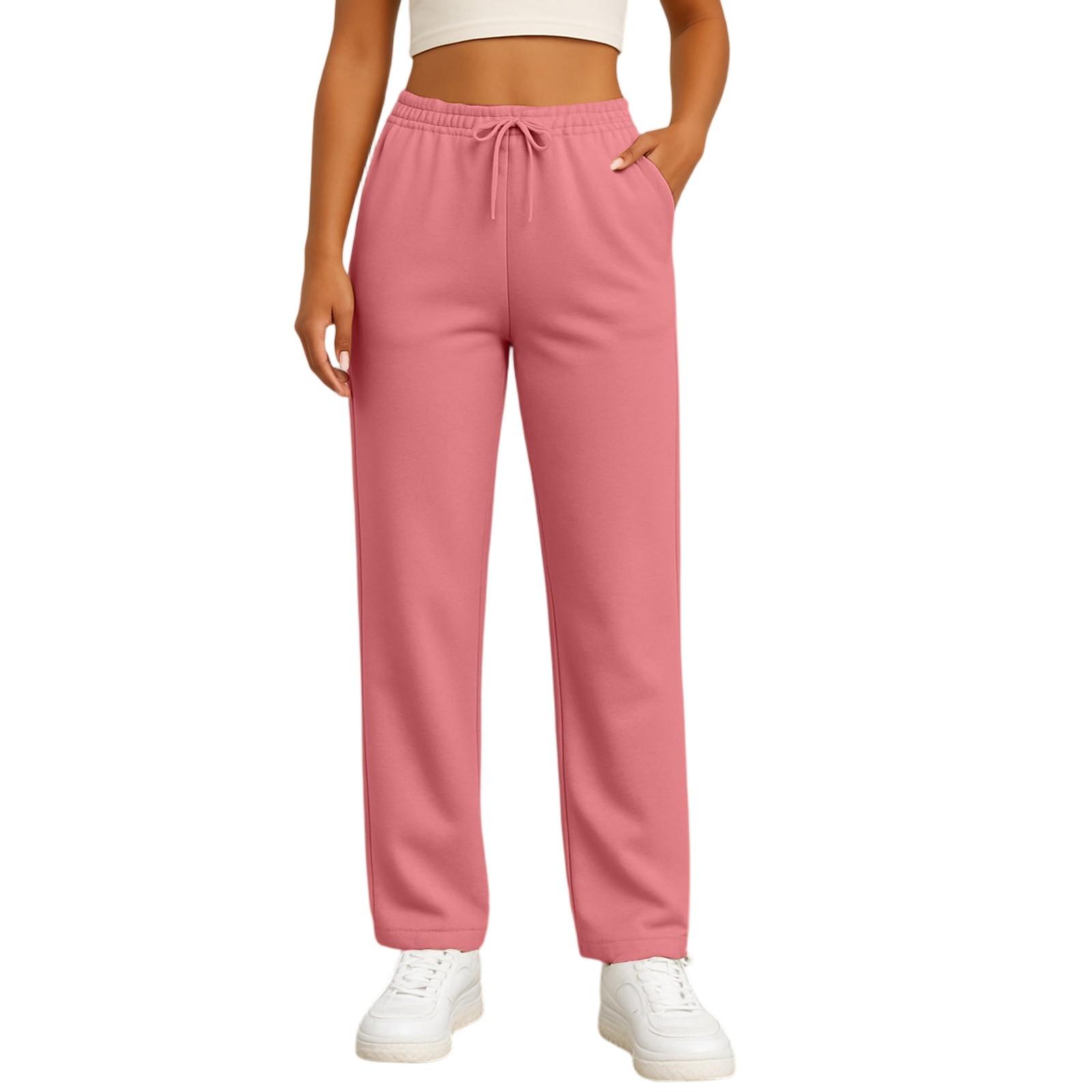 

Ladies Fashionable Solid Color Straight Leg Pants With High Waist Drawstring Pockets And Elastic Waist Casual Pants M