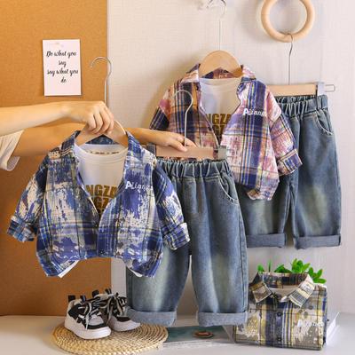 0-5-Year-old Boys' Long Sleeved Three Piece Set, Autumn and Winter Full Grid Shirt Jacket, Children's Casual Set