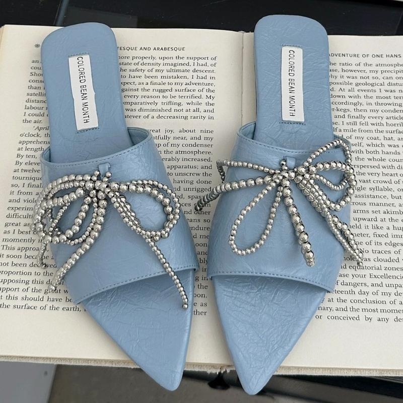 Fashion Metal Beaded Bow Decoration Flat Slippers Women Summer Sexy Pointed Toe Open Toe Slide Sandals Soft Leather Cozy Beach Sandals