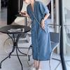French Vintage Washed Denim Dress Women Slimming Pear Shape Body Casual V-neck Mini Dress Short Sleeve Empire Waist