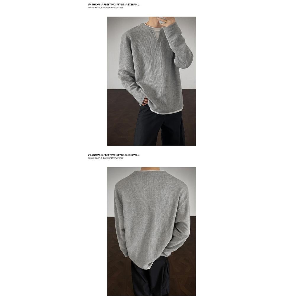 Fake Two Long Sleeved T-shirts, Men's Spring and Autumn Trend, Waffle Style Loose Fit, Bottom Layer, Simple Casual Top