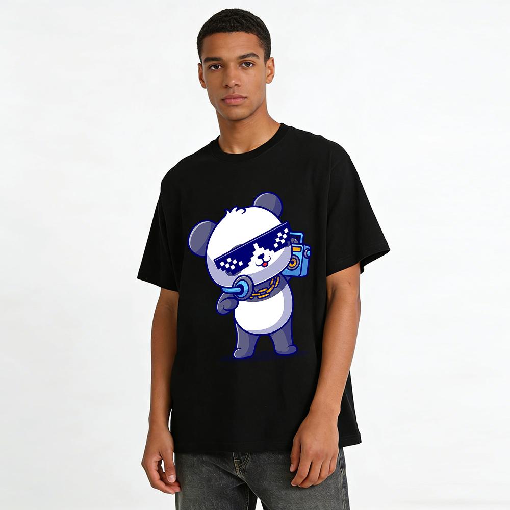 Trendy Pixel Sunglasses Panda Print Unisex Loose Casual T-Shirt Pure Cotton T-shirt