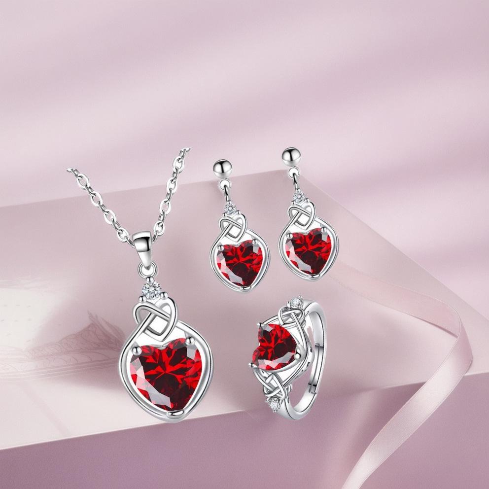 Heart-Shaped Ruby Pendant Necklace, Earrings & Adjustable Ring Set