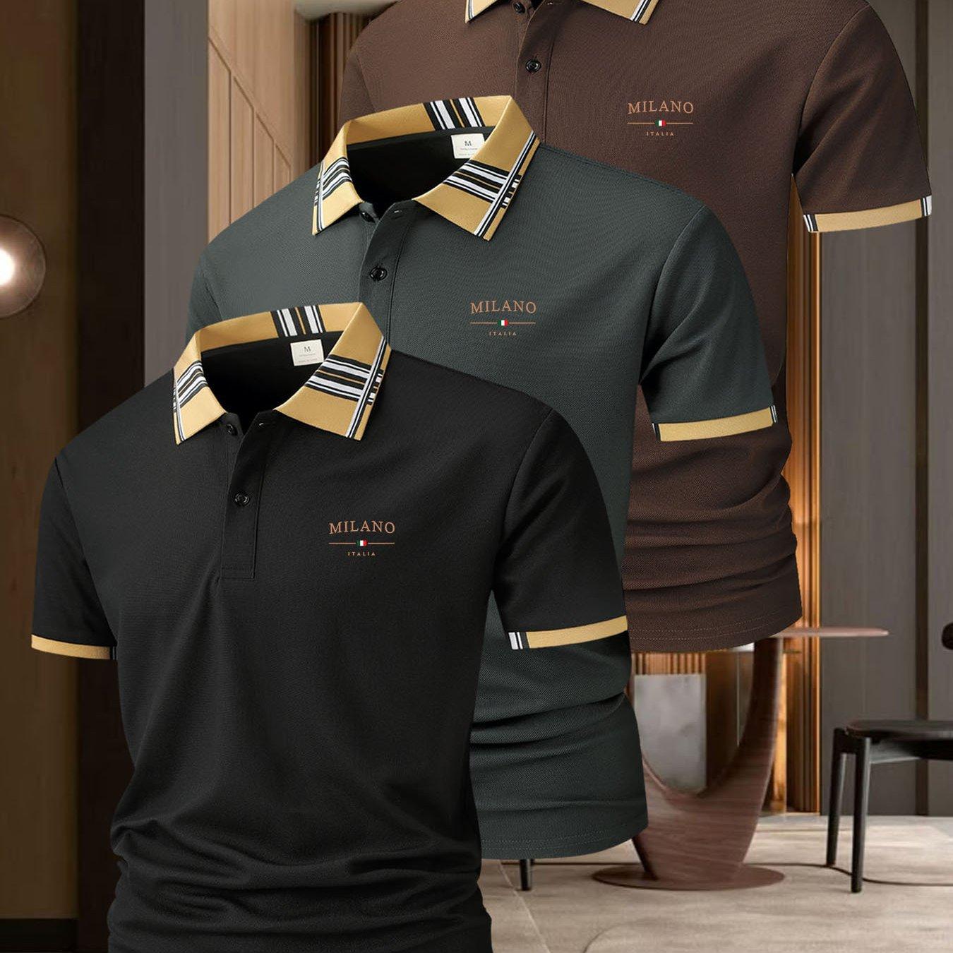 

3 шт. Мужская повседневная рубашка с коротким рукавом Популярная клетчатая воротник Одежда для гольфа Мужская рубашка-поло для активного отдыха на свежем воздухе Рубашка-поло с воротником-поло Мужская футболка-поло L серый/чёрный