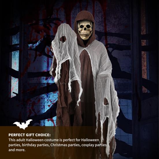 Halloween Grim Reaper Costume Black Hooded Cloak with Skull Masque Vintage Medieval Cape for Adult Cosplay Props