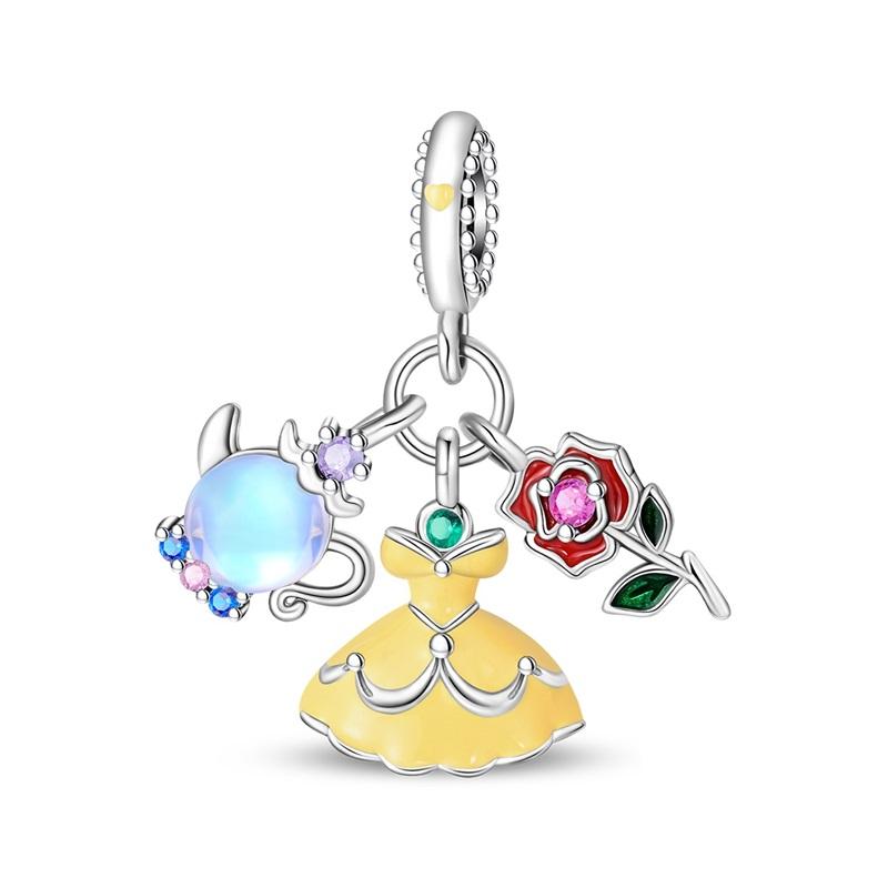 

100%Stering Copper Princess Rose Charms Bead Love Yellow Skirt Pendant Fit Original Bracelet Diy For Women Jewelry