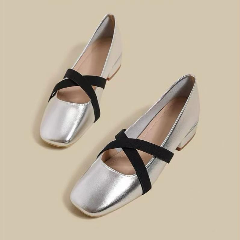 Fashion Silver Single Shoes Women's 2025 Spring New French Square Head Low Heel Retro Ballet Light Mouth Mary Jane Shoes for Women Pumps