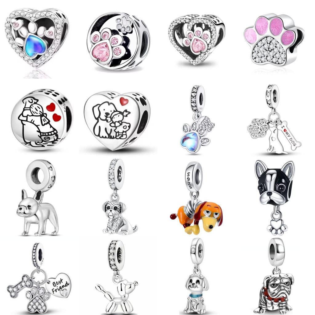 Shiny Zircon Puppy Wolf Charms Dog Claw Bones Clip Beads Safety Chain Pendant Fit Bracelet Women DIY 925 Silver Jewelry