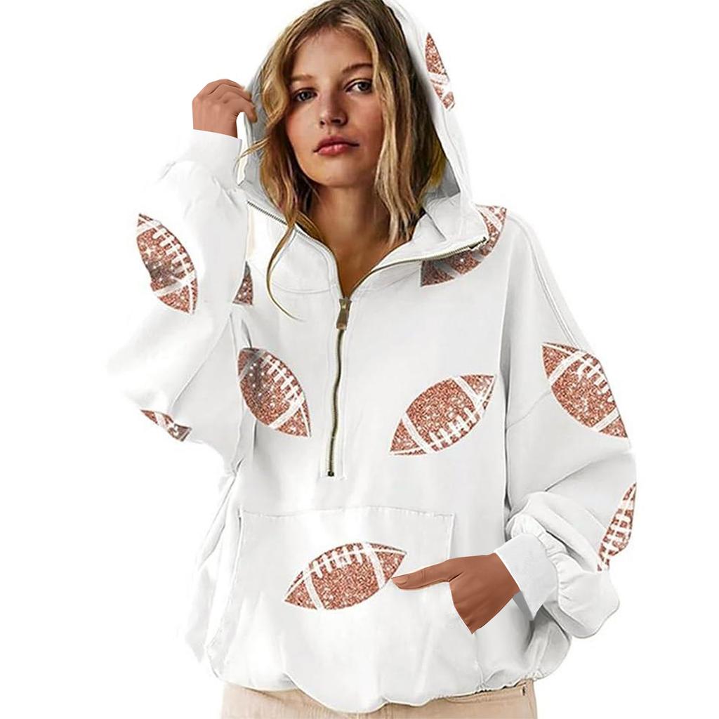 Women's Sports Shirt With Rugby Sequins And Pockets Long Sleeved Half Zip Hooded Top