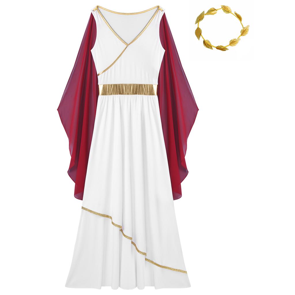 Womens Ancient Greek Roman Queen Costume V Neck Sleeveless Gold Trim Toga Dress Artificial Leaf Garland Headwear