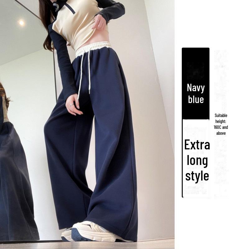 Women's High-Waist Navy Blue Drawstring Wide-Leg Sweatpants - American Style, Contrast Color, Autumn Casual Wear