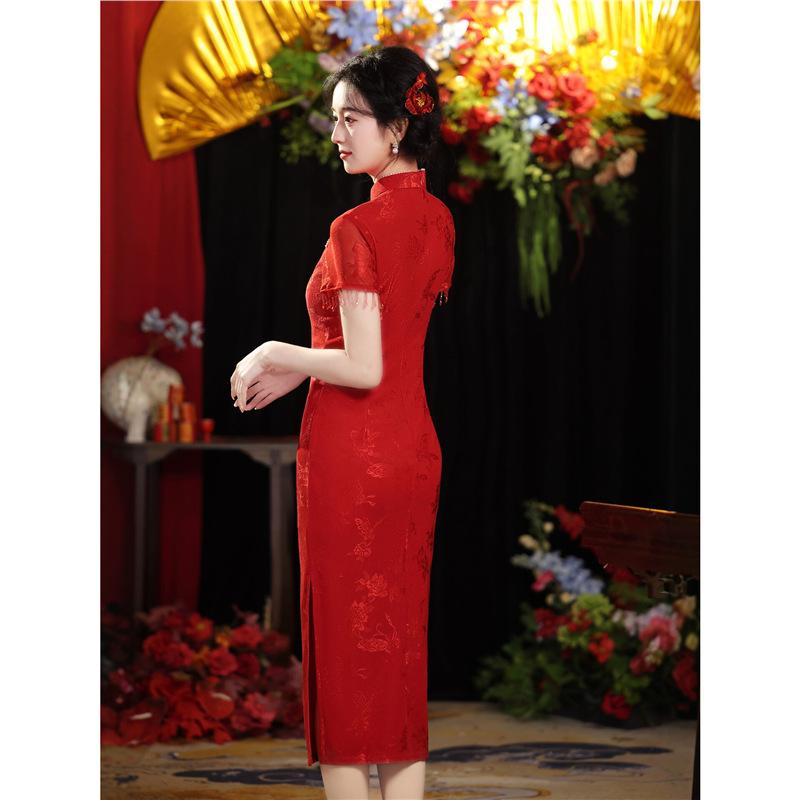 Burgundy improved cheongsam women's 1011 new engagement toasting clothes show thin national style wedding return banquet dress
