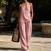 Women's Summer Striped Two Piece Set Sleeveless Halter Neck Top And Long Pants Matching Sets Casual Travel Vacation Outfits