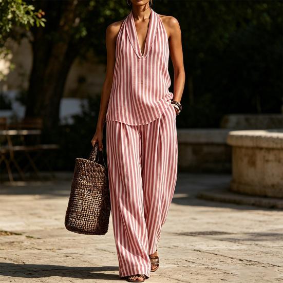 Women's Summer Striped Two Piece Set Sleeveless Halter Neck Top And Long Pants Matching Sets Casual Travel Vacation Outfits