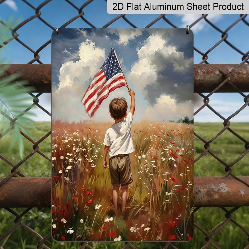 

2D Flat 1pc Boy with American Flag in Wildflower Field Aluminum Sign - Patriotic Wall Decor Patriotic Home Decor, 4th of July, Farmhouse Living Room 20*30cm