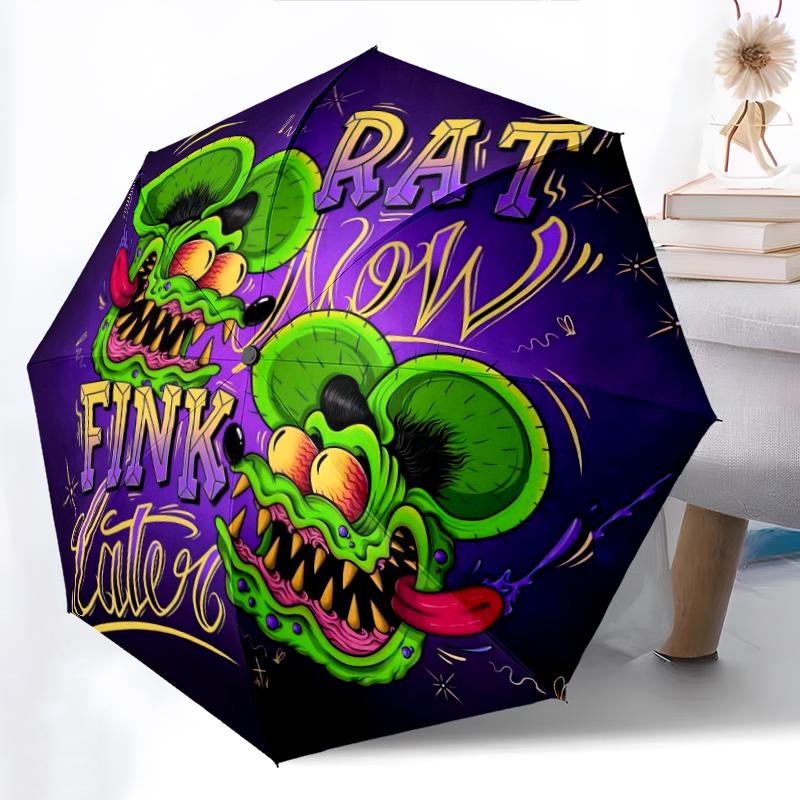 1pc Rat Fink pattern Umbrella Portable Folding Umbrella Iron Frame Hole Bone Structure Outdoor Home Umbrella