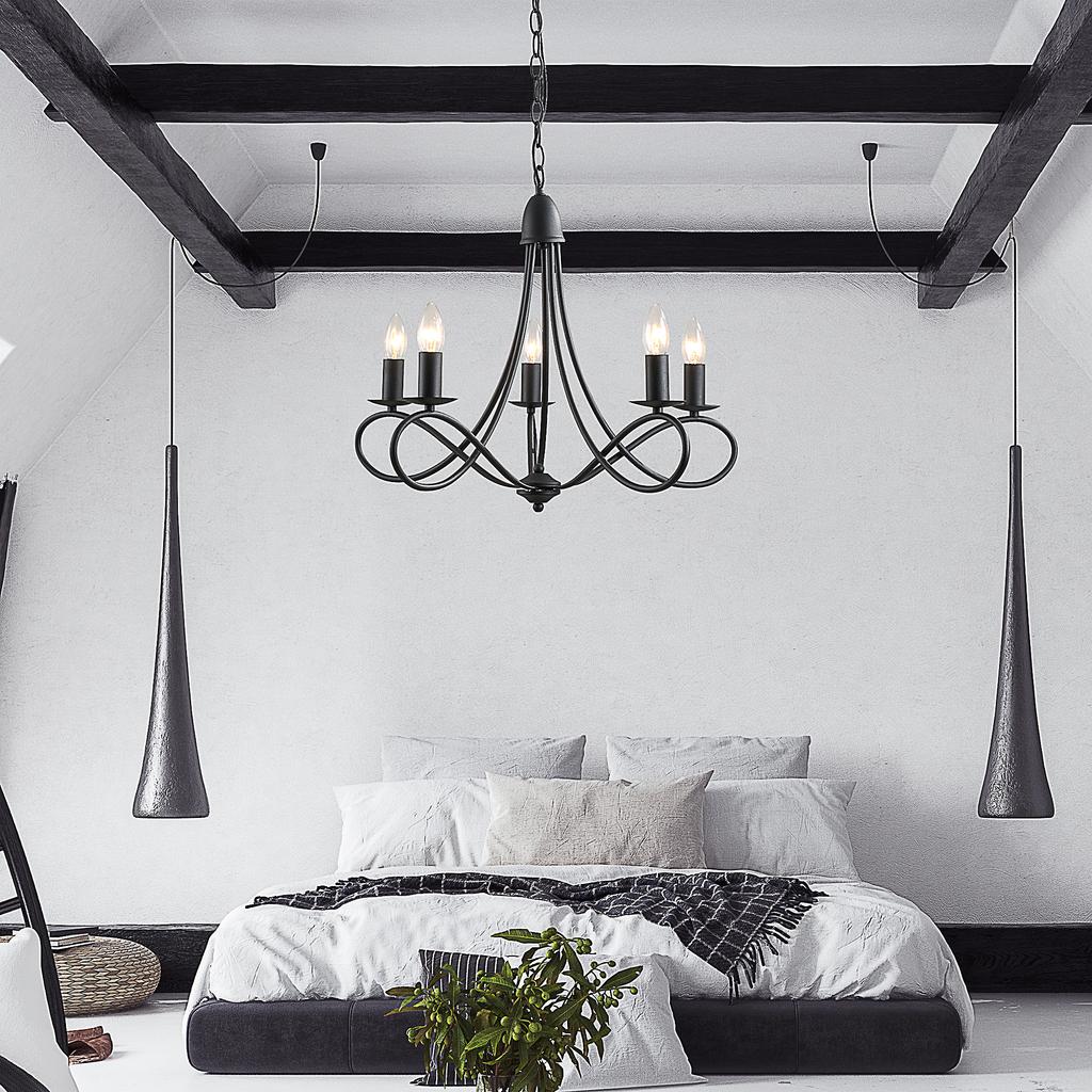 Rustic Style Ceiling Chandelier, Black Woven Steel with 5 Adjustable and Foldable Candlesticks diameter 58 x 45cm