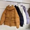 Women's Autumn Winter Down Jacket Short Hooded Single Breasted Loose Adjustable Waist Straight Tube White Duck Down Coat