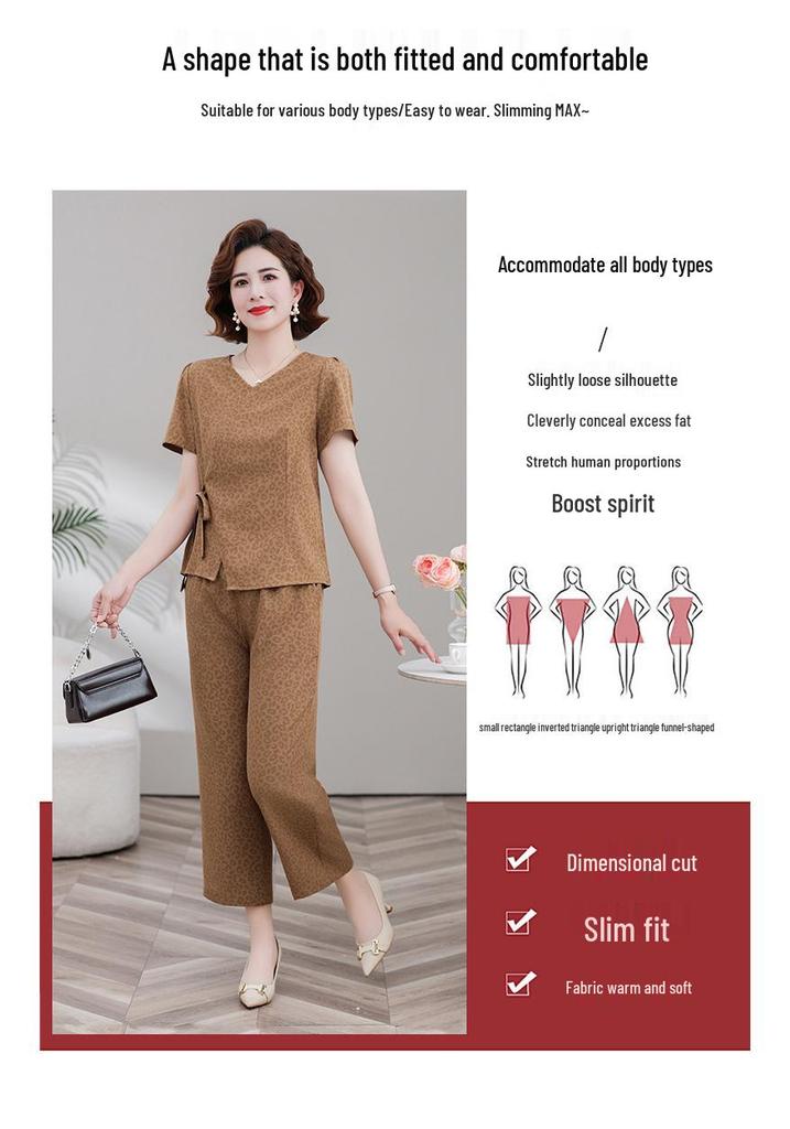 Stylish V-Neck Summer Two-Piece Set for Middle-Aged and Elderly Women