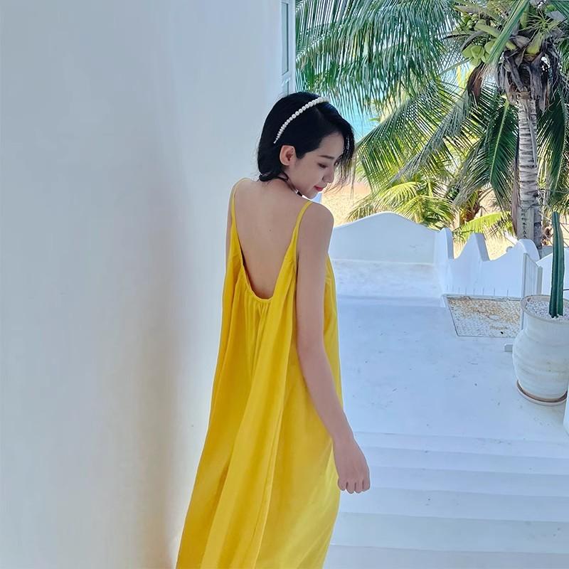 Vestito Sexy Senza Schiena con Spalline per Donna in Vacanza al Mare in Estate Ultimo Modello Vestibilità Rilassata Gonna a Trapezio Giallo Delicato Gonna Lunga
