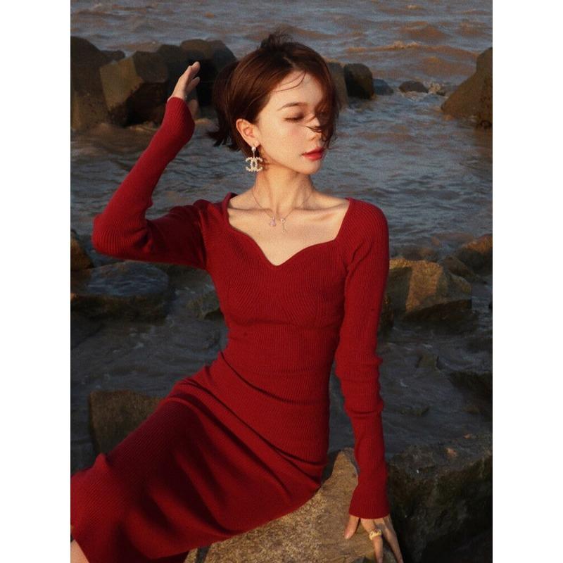 Autumn Chic Unique Waist Long Dress Engagement Toast Temperament Muse Fan Premium Red Long Sleeve Dress