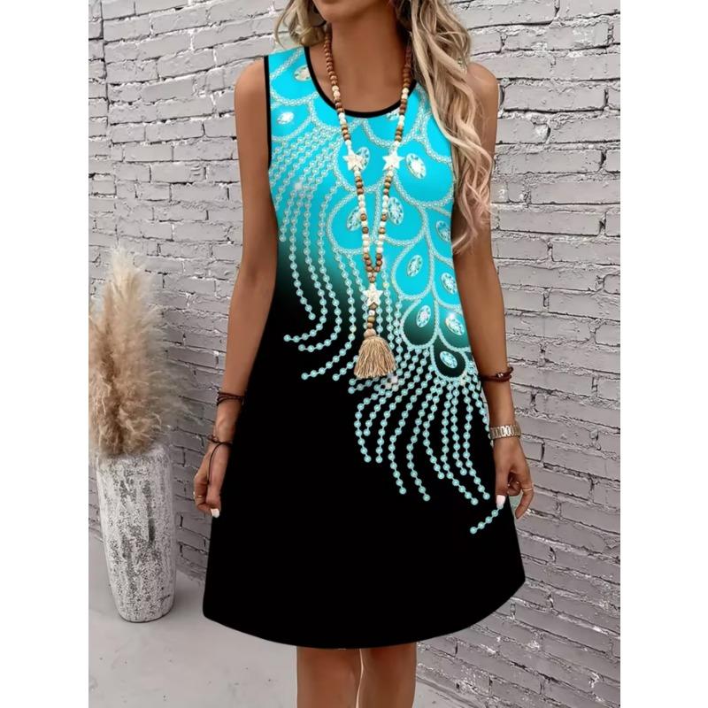 Women s fashionable printed casual sleeveless dress, machine washable, comfortable and versatile S
