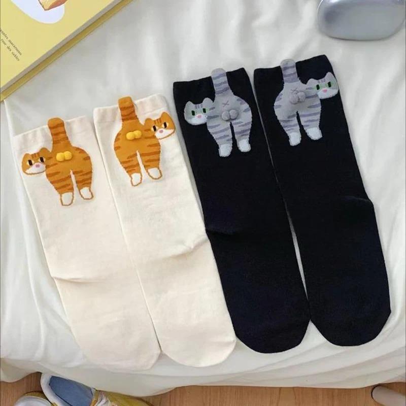 1/2 Pairs 3D Cat Christmas Socks, Cute Mid Calf Novelty Socks for Women, Warm Funny Gift for Halloween Xmas, Cozy Winter Wear