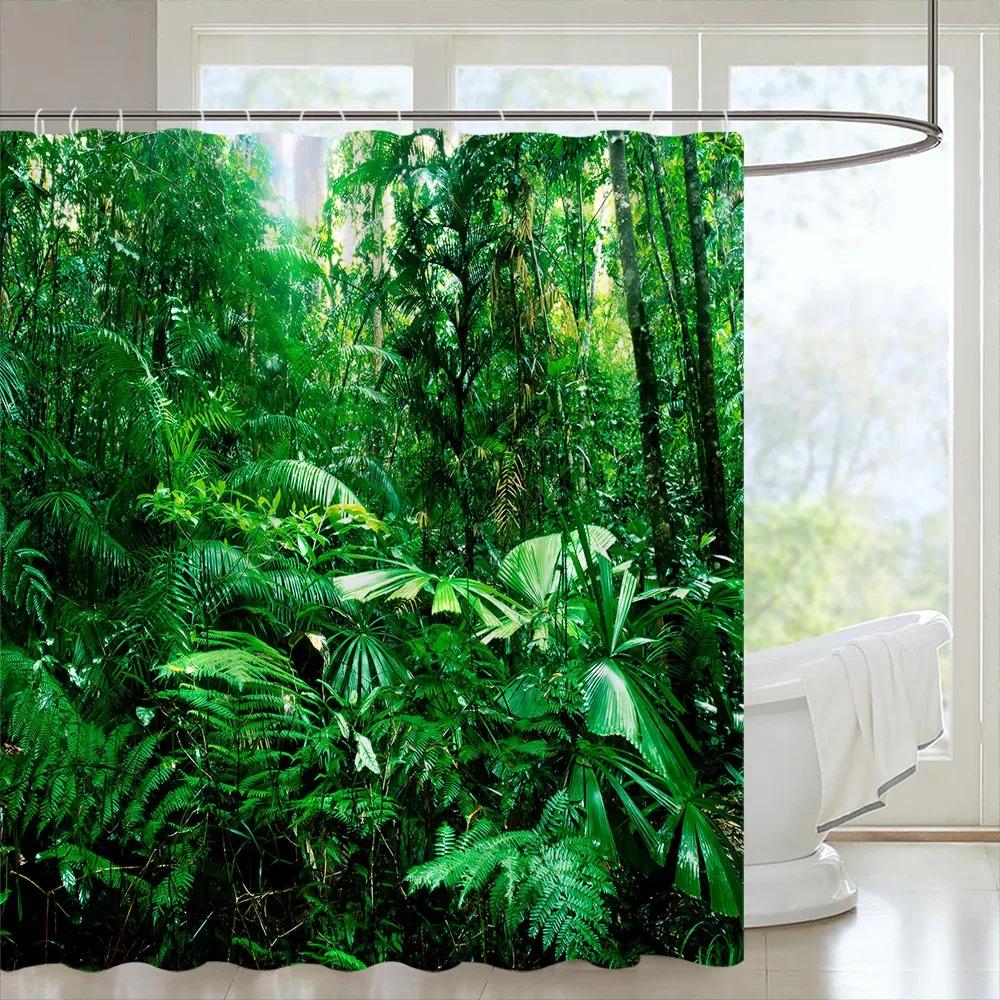 Tropical Forest Shower Curtain Green Plants Nature Landscape Hanging Curtain Polyester Fabric Bathroom Decoration Set With Hooks