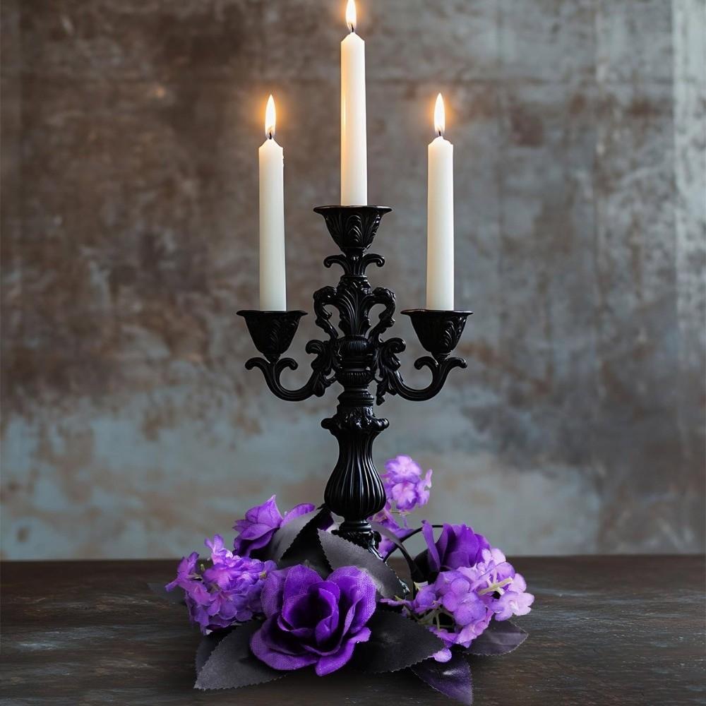 Purple Artificial Rose Flowers Spooky Table Candle Holders  Table Arrangement