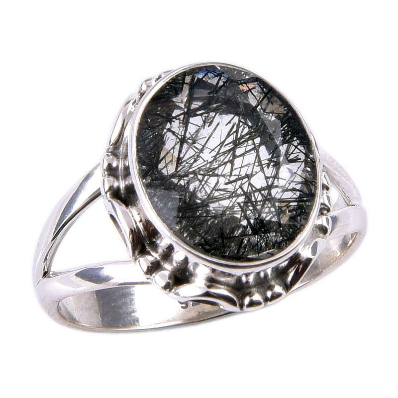 Natural Black Rutile Gemstone 925 Solid Sterling Silver Jewelry Ring S.6.5 Y9F65