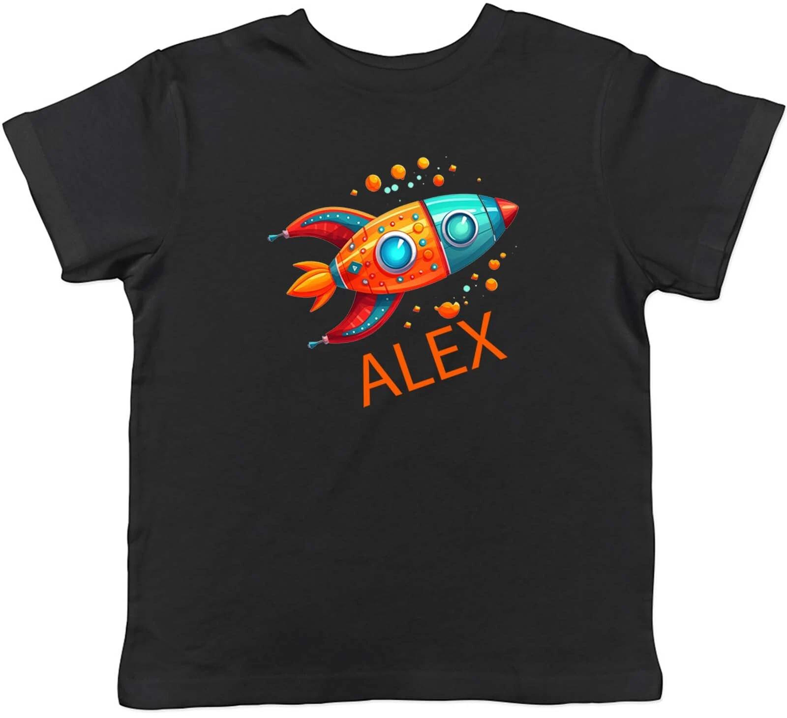 Personalised Space Rocket Kids T-Shirt Any Name Blast Off Children Boy Girl Gift 110